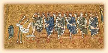 Fargment mozaiki z bazyli św. Marka w Wenecji: Jezus umywa nogi apostołom.